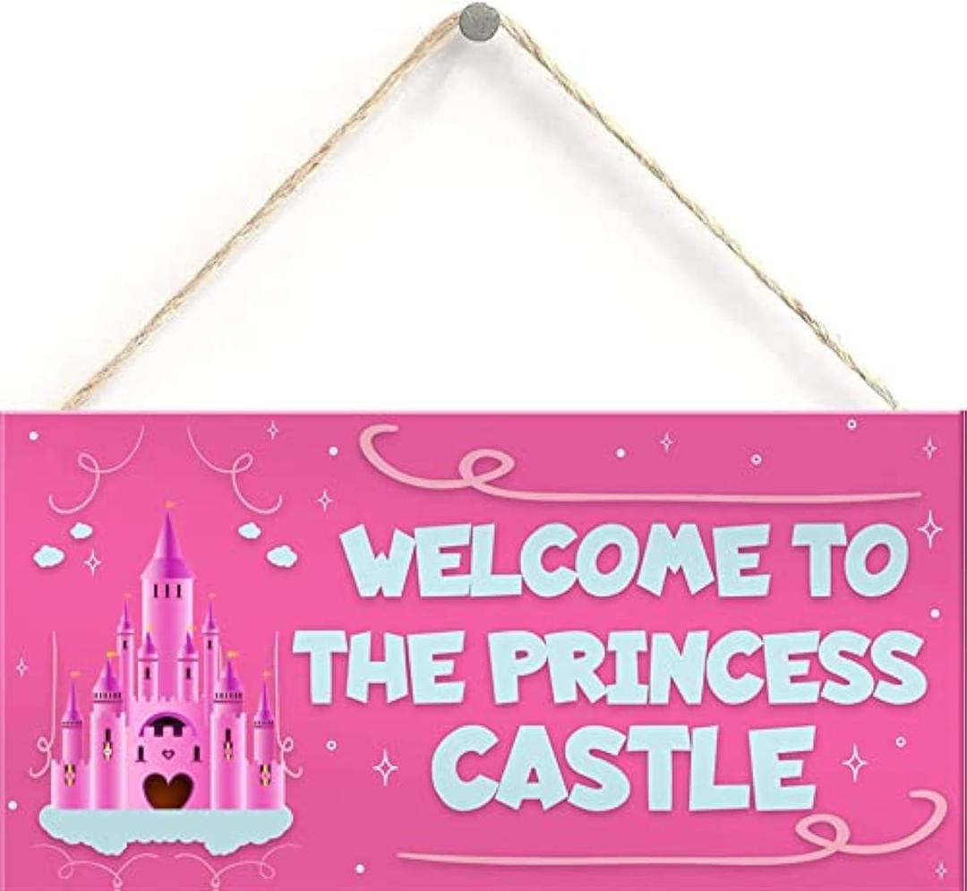 Princess Castle Hanging Plaque Door Playroom Bedroom Sign Gift Baby Girls Fairytale Decor 6 inch by 12 inch Hanging Sign, Decorative Wood Sign Home Decor,Wall Art