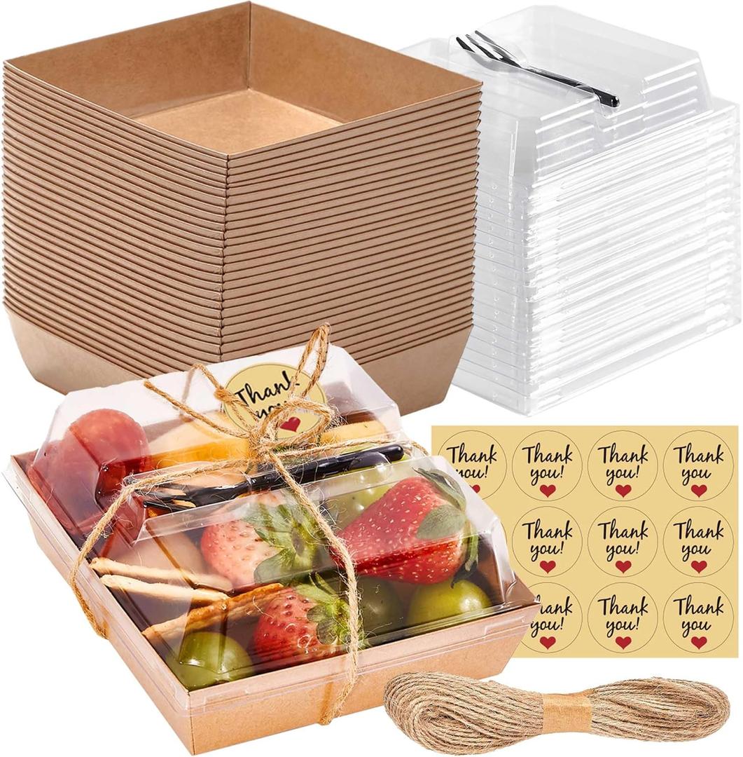 50 Pack Small Individual Charcuterie Boxes with Clear Lids and Forks - To Go Paper Mini Charcuterie Box, Disposable Food Containers, 5Inch Dessert Boxes for Cookie, Cake Slice, Strawberries (Brown)