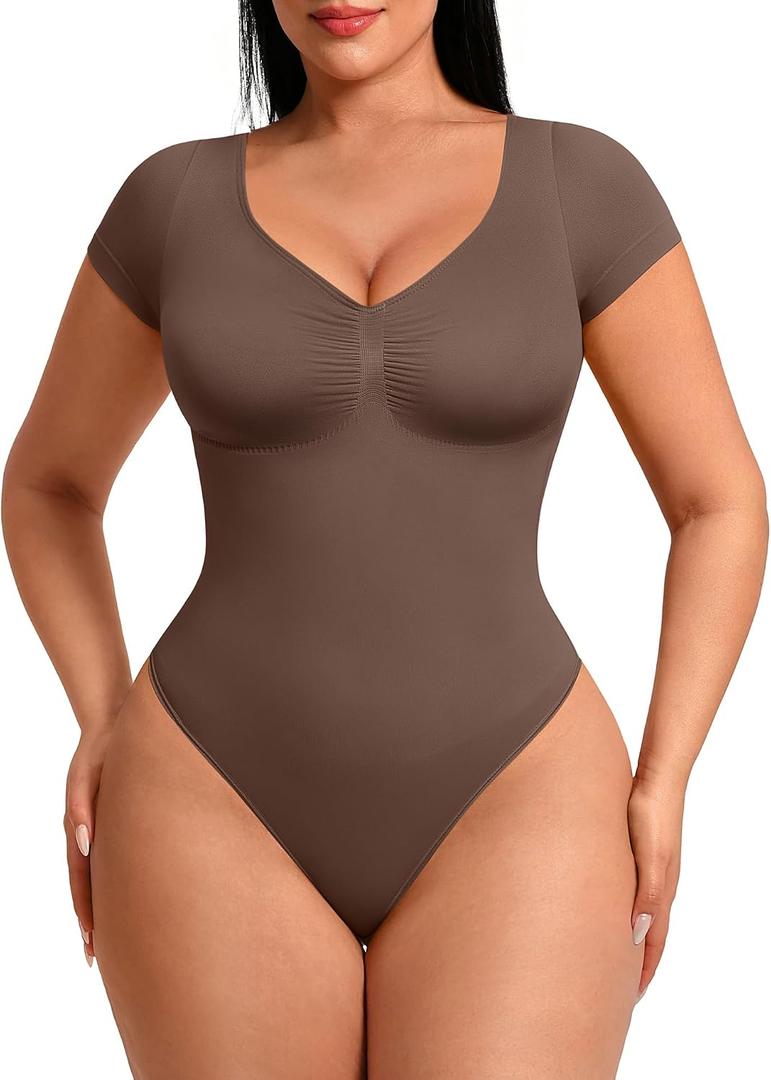 FeelinGirl Shapewear Tummy Control Short Sleeve Bodysuit for Women V Neck Seamless Thong Body Suits Tops (Brown, XL)