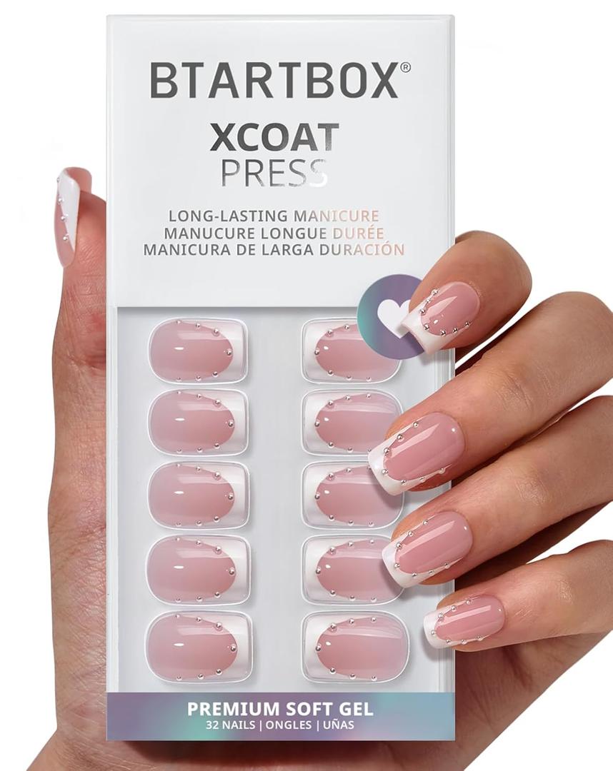 BTArtbox French Tip Press On Nails - Steadfast Vow, Lamp-Curable 4-Week Wear Pink Short Square Press On Nails with Glue and Adhesive Tabs, Easy-to-Apply in 16 Sizes - 32 Nails All-in-One Kit