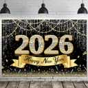 Happy New Year Decorations 2026 Banner, Black and Gold New Years Backdrop 2026 for New Years Eve Party Supplies 2026