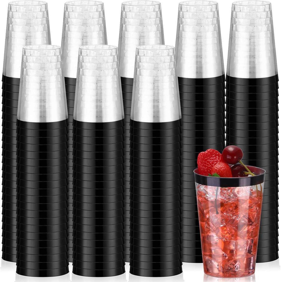 Patelai 100 Pcs 12 oz Plastic Disposable Cups 12 oz Plastic Glasses Clear Tumblers with Rim for Birthday Wedding Party Elegant Wine Coffee Cocktail Cups(Black)