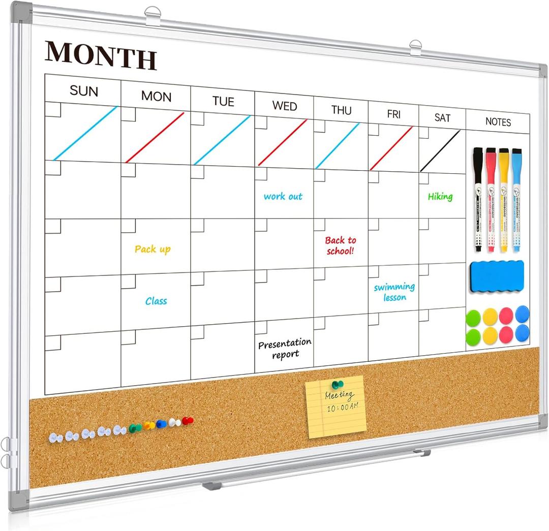 Dry Erase Calendar Board for Wall, 24"x18" Magnetic Whiteboard Calendar Double-Sided Monthly White Board with Cork Board, Aluminum Frame Memo Message Board for Office, Home, School, Kitchen (Silver)