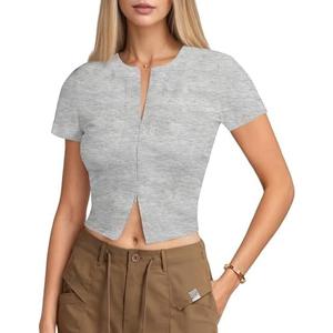 Curvphilo Womens V-Neck Tops Double Zipper Short Sleeve T Shirts Y2K Crop Tops Business Casual Going Out Tops, M