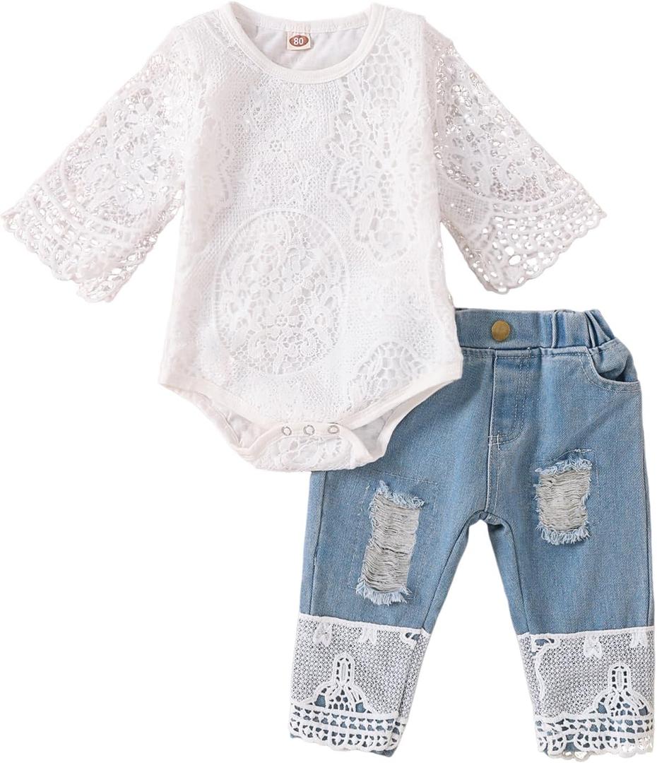 Baby Girl Clothes Outfits Toddler Infant Baby Romper Top+Jeans Clothing Set (6-12 Months, White)