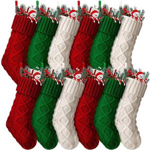 Hungdao 12 Pcs Christmas Stockings Mini Knitted Xmas Stockings Bulk 8.3 Inch Rustic Socks Double Sided Fireplace Hanging Vintage Stockings for Family Christmas Decorations(Red, Green, White)