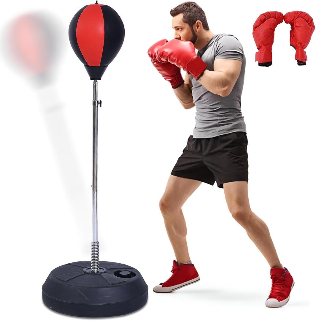 Punching Bag with Stand Height Adjustable Freestanding Boxing Speed Bag with Reflex Bar, Home Gym Training Equipment for MMA Fitness Stress Relief (Red)