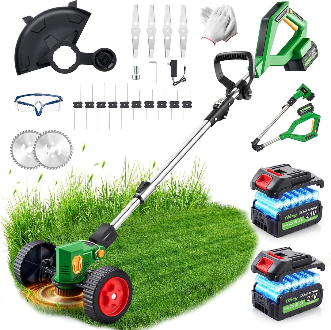 20000RPM Cordless Weed Wacker Battery Powered, Electric Weed Eater String Trimmer with LED Display & Wheels, 4-in-1 Lightweight Lawn Edger, 21V Brush Cutter, 6000mAh Total Batteries for 120 Mins, 43"-55"