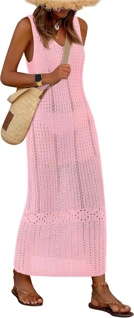 BTFBM Long Crochet Dress Beach Swim Cover up for Women (L)