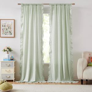 ZJDECOR Sage Green White Buffalo Plaid Ruffle Curtains 95 Inches Long,Woven Crinkled Not-See-Through Sheer Drapes,Shabby Chic Window Treatment for Bedroom Living Room,Rod Pocket,40" Wx95 L,Pack of 2