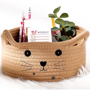 Zopeal Cat Basket Storage Woven Organizer with Ears Easter Decorative Gift Pet Toy Cute Cotton Rope Basket for Gift Cat Dog Toy Bin Nursery Room(8.3 x 4.7 Inch,Khaki)