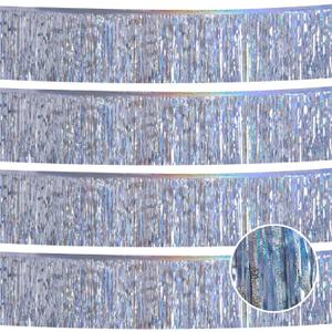 YUKL Laser Silver Birthday Decorations Tinsel Garland Parade Float Decorations for Trailer 4Pack 12FT Christmas Party Decor Ceiling Fringe Banner Silver Backdrop for Streamers Party Decorations