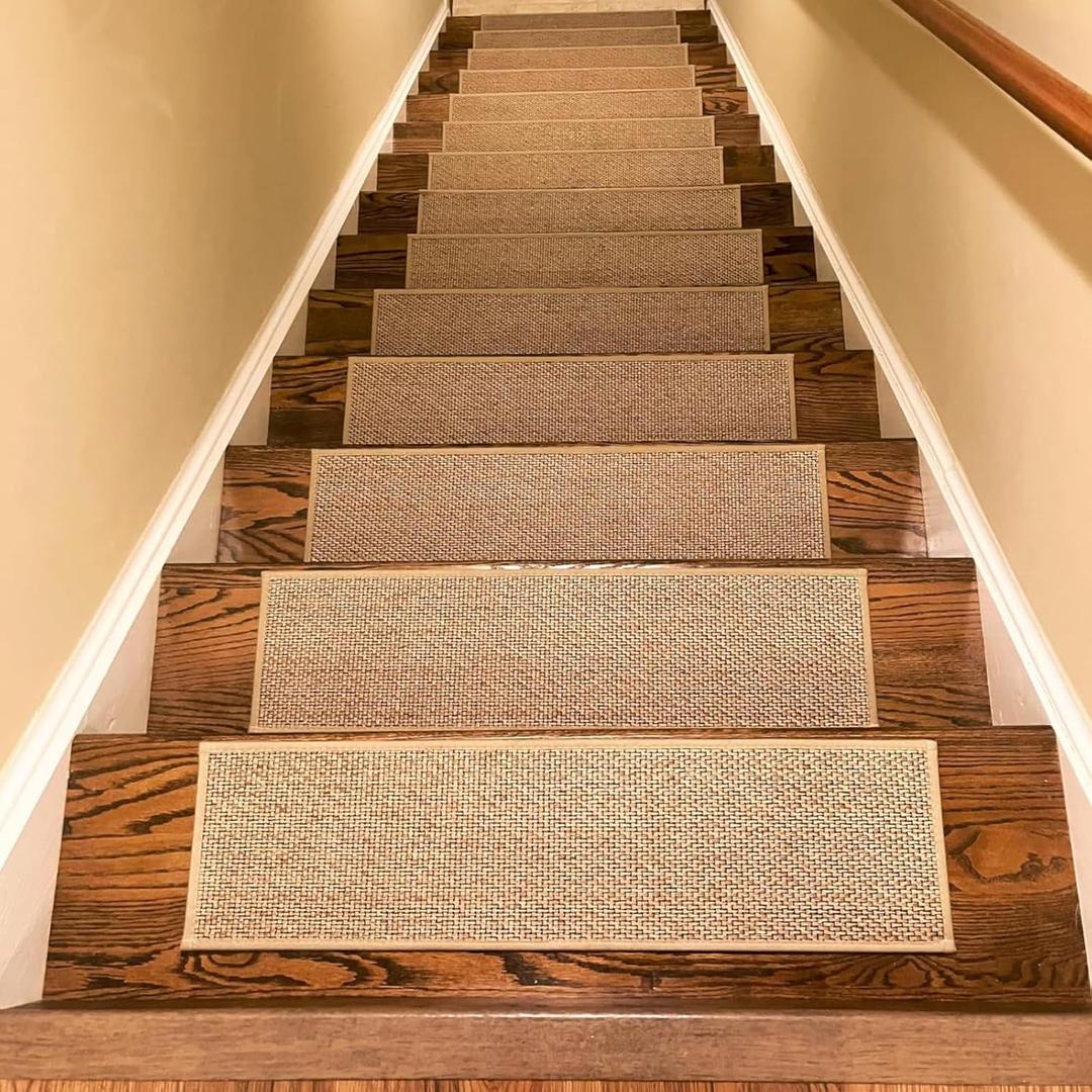 16 Pcs Linen Stair Treads for Wooden Steps Indoor, 8" x 30" Non Slip Stair Treads Self Adhesive Backing No Residue Stair Carpet Treads for Elders and Pets (Beige)
