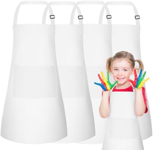 PLULON 20 Pcs Kids Apron Bulk Adjustable White Chef Apron with 2 Pockets Painting Aprons for Kids Cooking Baking Crafts (White)