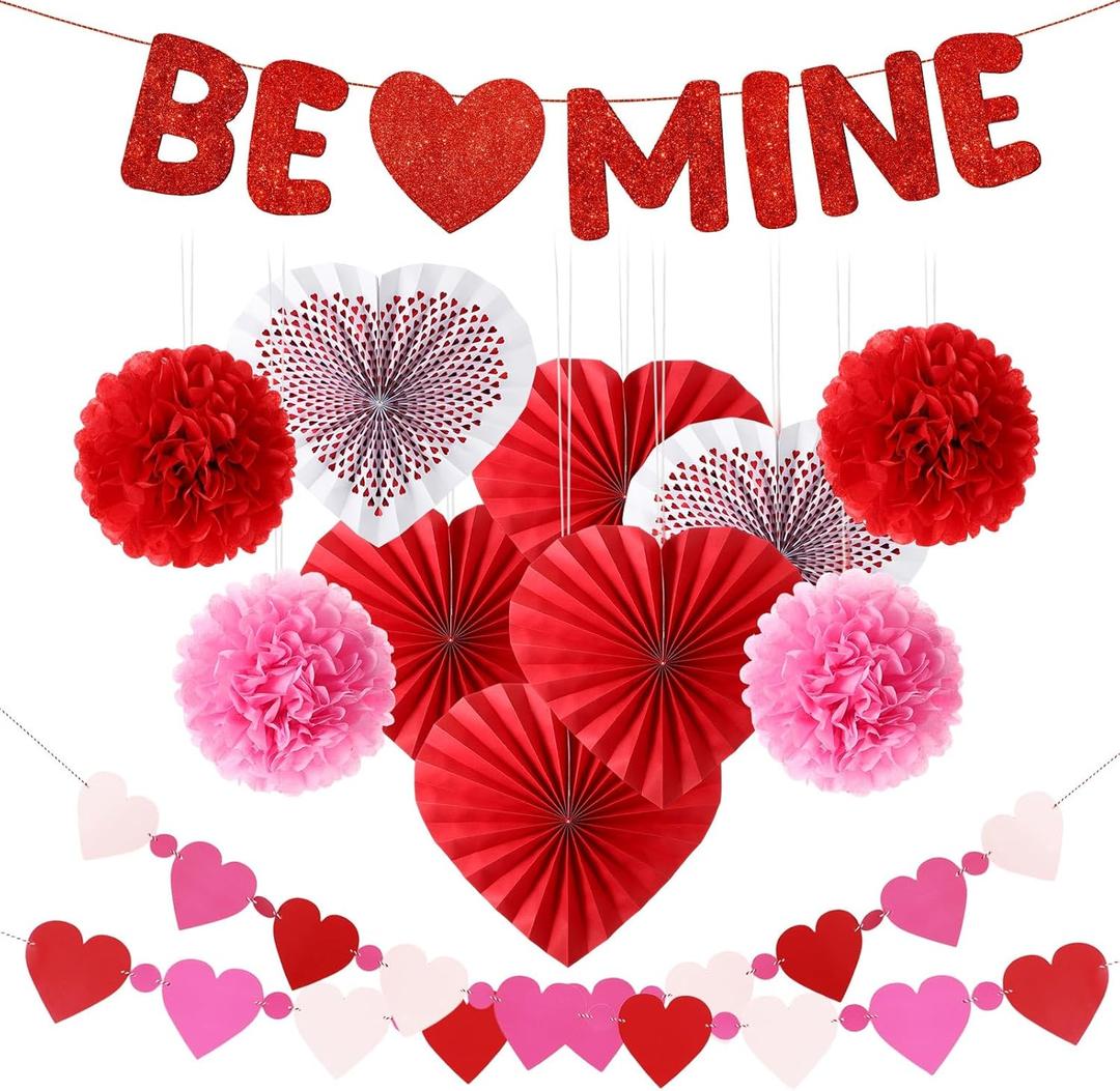 Fulmoon 13 Pcs Valentine Paper Kit Party Decorations, Valentine's Day Decorations Paper Flowers Hanging Fan Heart Craft Kit with Be Mine Banner, for Anniversary, Wedding, Engagement Party