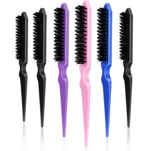 Yaomiao 6 Pcs Teasing Brush Set, 3 Row Nylon Rat Tail Combs for Fine Hair, Back Combing, Root Lifting, Scalp Massage, Hair Brushes for Women Salon Home Use(Black, Blue, Pink, Purple)
