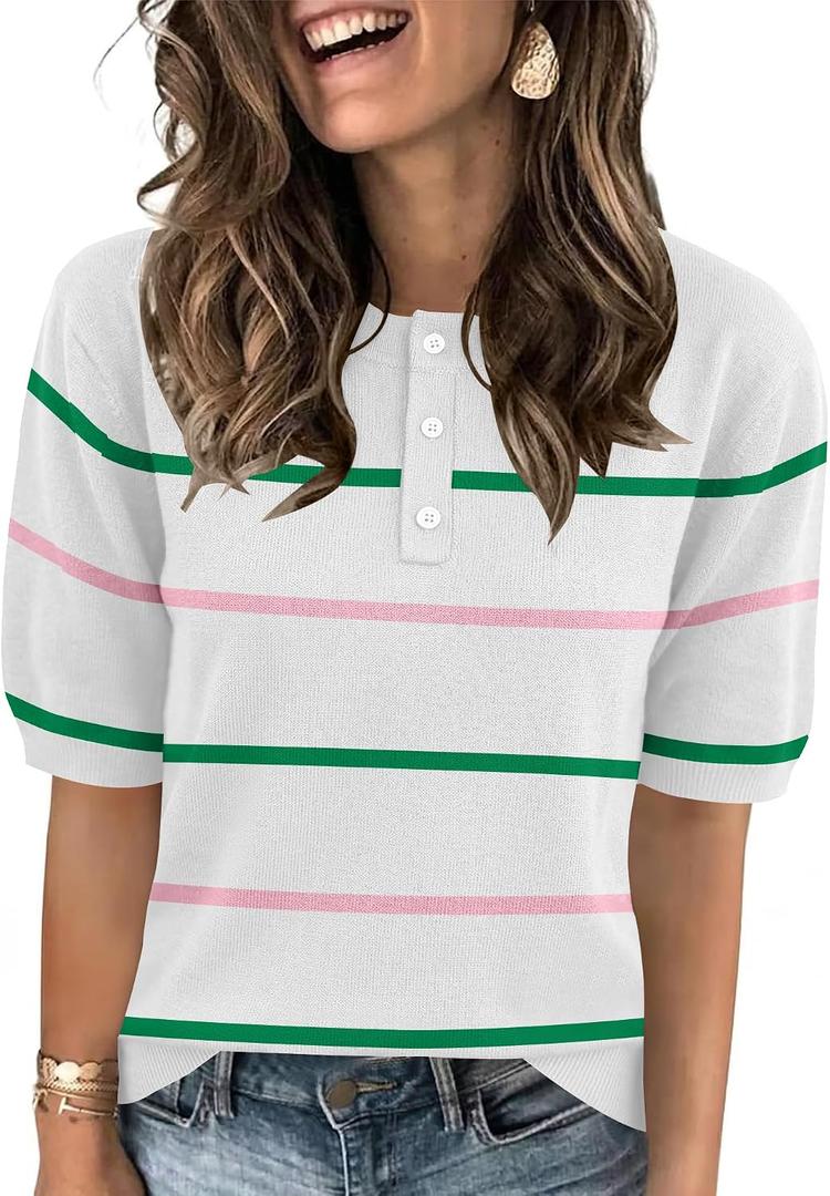 AKEWEI Sweaters for Women Crew Neck Short Sleeve Tops Knit Button Down Shirts Pullover Sweater (White, L)