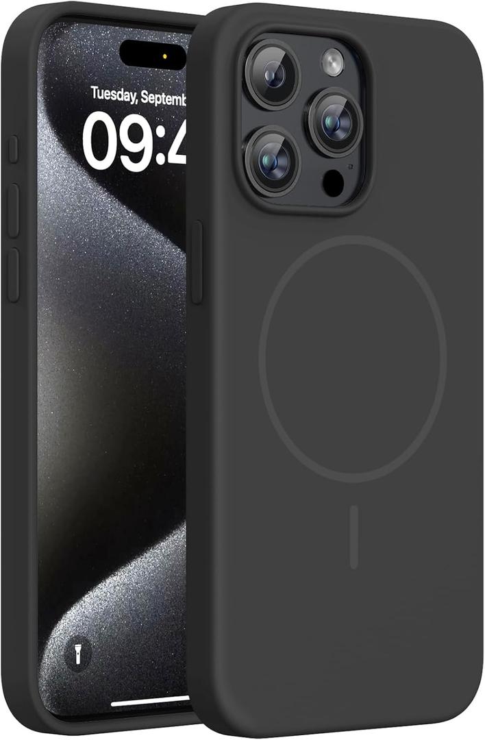 Miracase Magnetic for iPhone 15 Pro Max Case, [Soft Anti-Scratch Microfiber Lining], Compatible with MagSafe, Liquid Silicone Case Shockproof Drop Protection Phone Case for 15 ProMax, Black