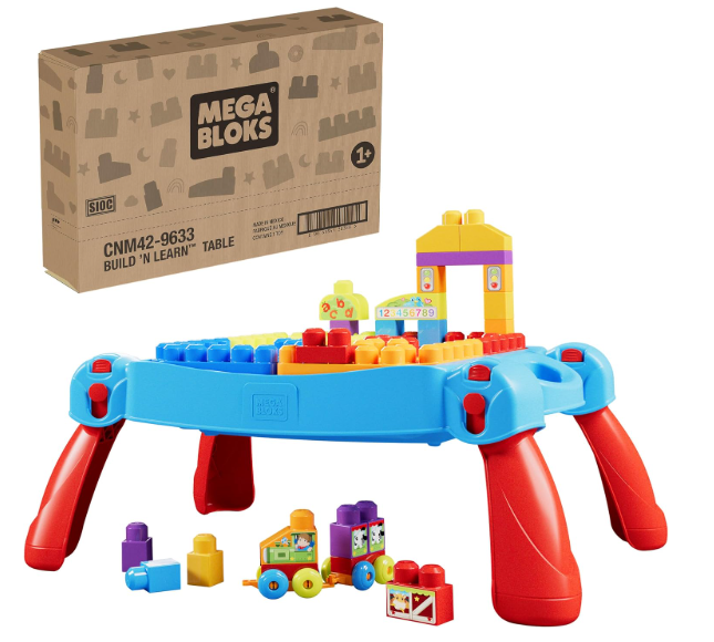 MEGA BLOKS First Builders Build 'n Learn Table Toddler Blocks Toy Set, Blue Portable Activity Table, 30 Pieces, Built-In Storage, Preschool Kids Ages 1+ Years, Easy to Build 