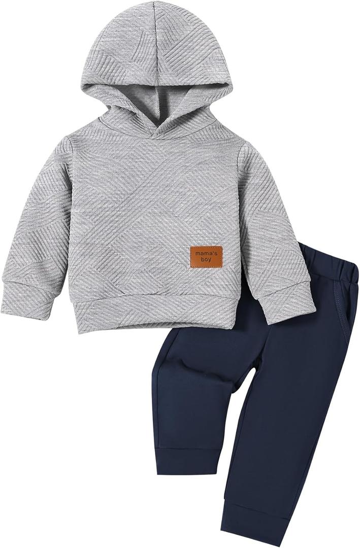 Neutocd Baby Boy Clothes Outfits Long Sleeve Hoodie Tops Sweatshirt Pants Set for Infant Toddler Fall Winter Sweatsuit (12-18 Months, Grey/Navyblue)