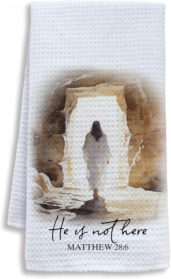 2 x Christian He is Not Here Decorative Hand Tea Towels for Kitchen Bathroom 16x24 Inches, Christian Easter Gifts, Matthew 28:6 Bible Verse Easter Kitchen Dish Towels