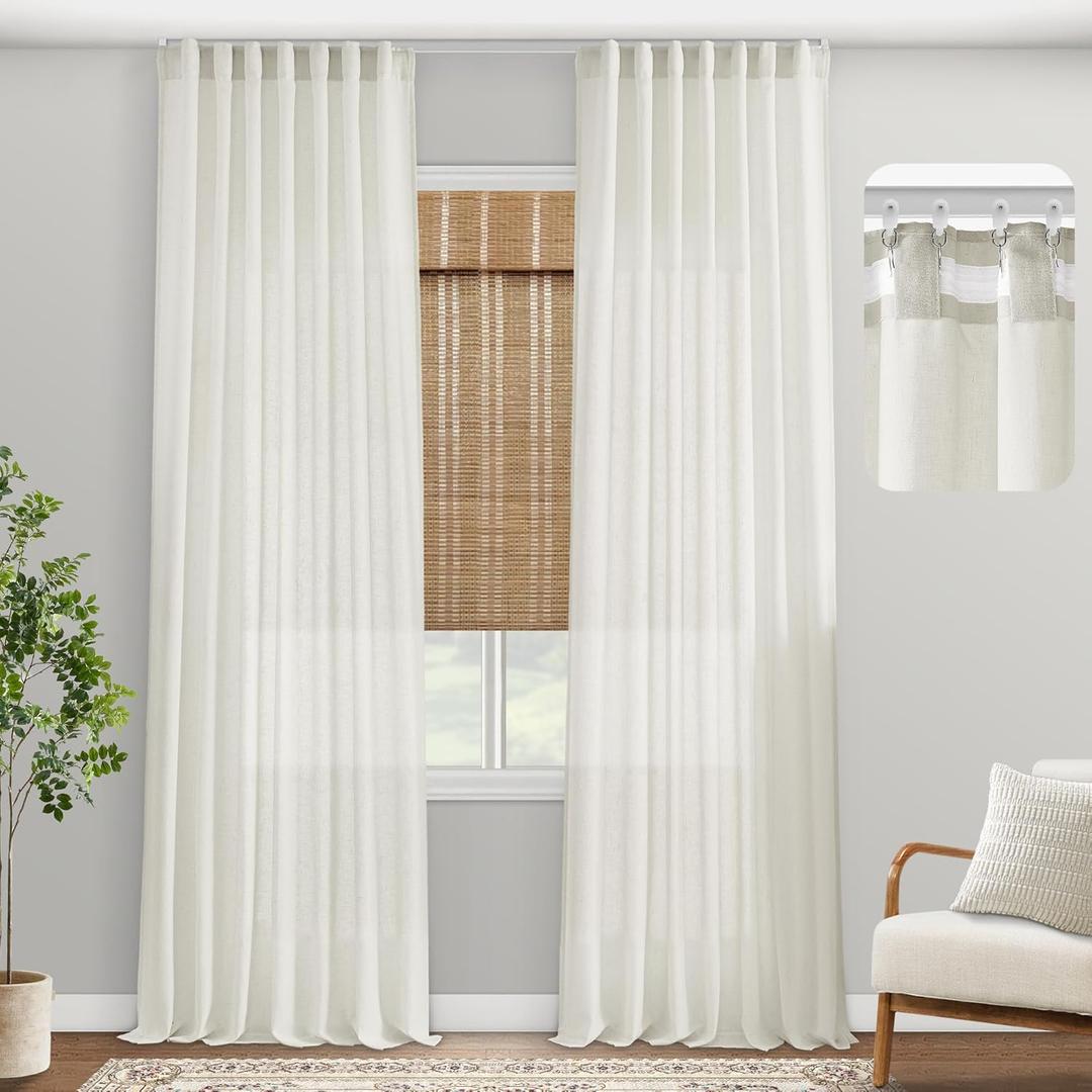 PANELSBURG Luxury Neutral 120 Inch Long Curtains for Track System Living Room,Back Tab Cream Linen Sheer Curtain Drapes Drapery 120 Inch Long Set 2 Panels for High Ceiling Patio Large Window (50"W x 120"L (Pack of 2), Natural)