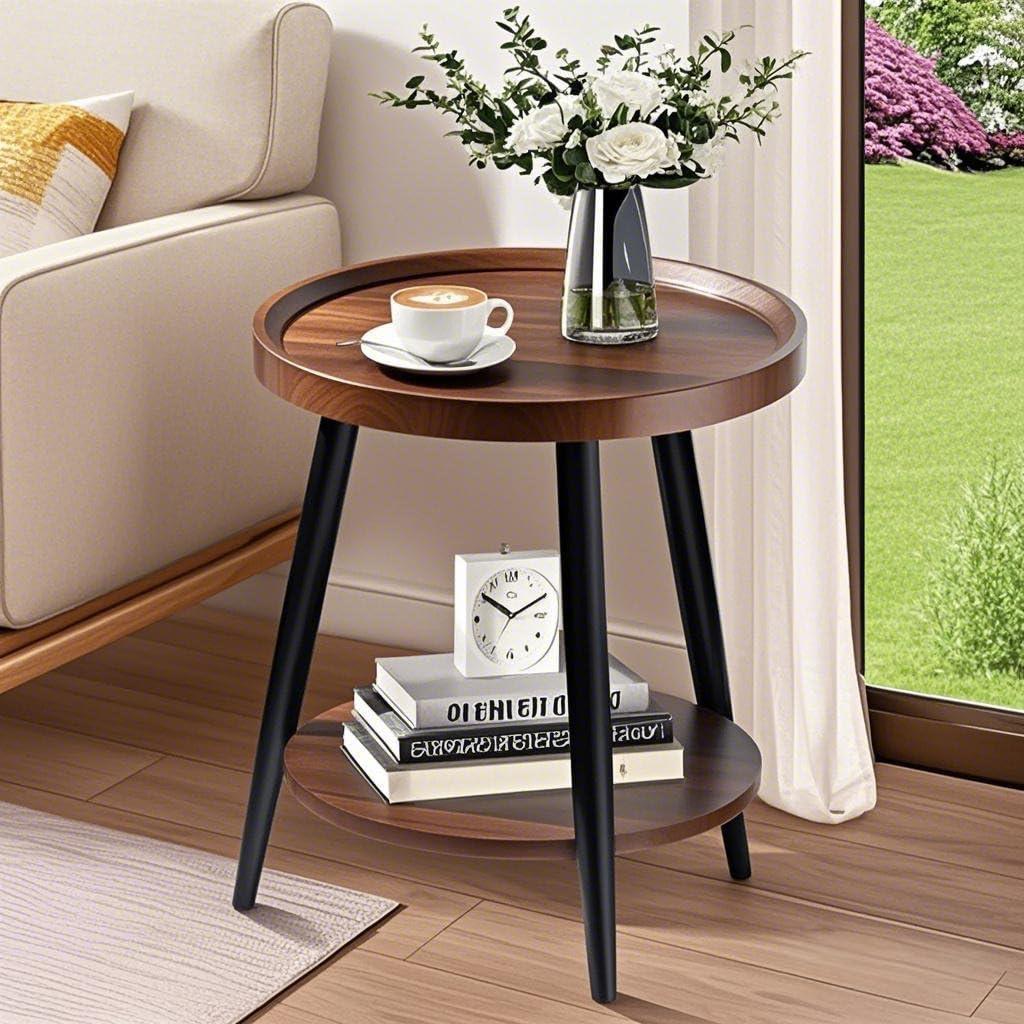 Small Round Side Table, 2-Tier Mid Century Modern Side Table, Round End Table Small End Table for Living Room, Metal Frames, Brown