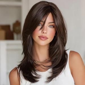 Luxclipse Chocolate Brown Shoulder Length Wigs Human Hair Straight with Bangs for Women Real Hair Wig Natural Look for Daily and Formal (Brown,16 Inch)