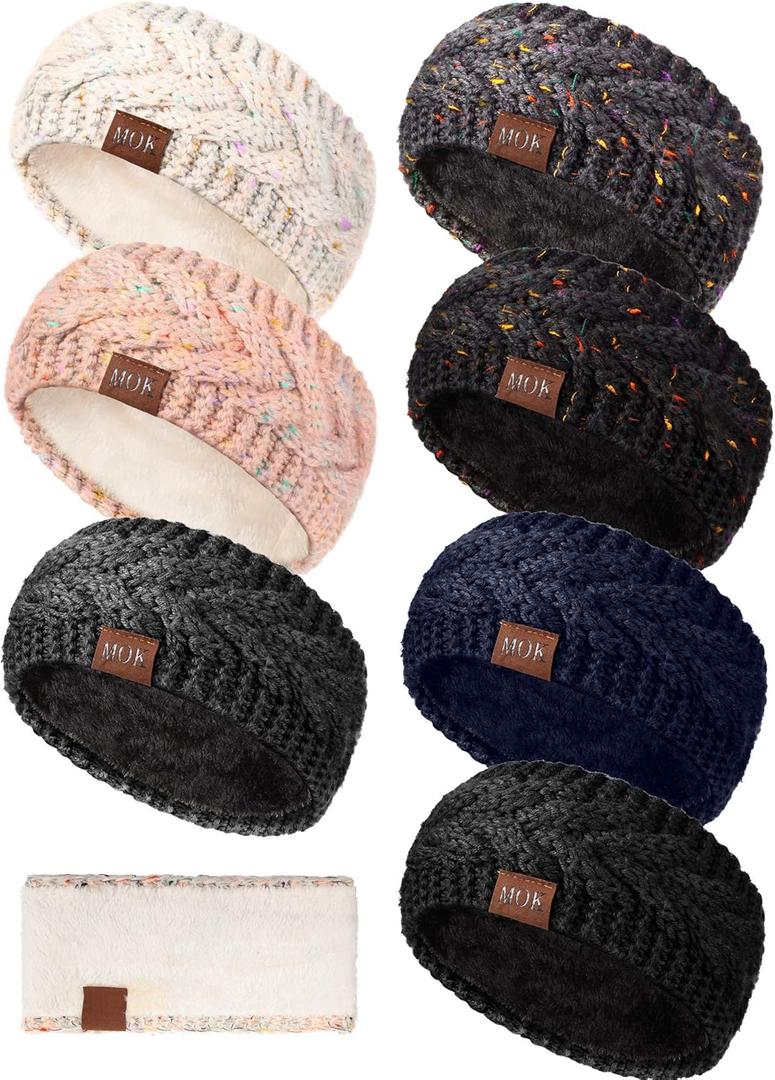Geyoga 7 Pcs Women Winter Headbands Ear Warmer Women Knit Cable Headbands Fleece Lined Cold Weather Ear Muffs (Classic Colors)