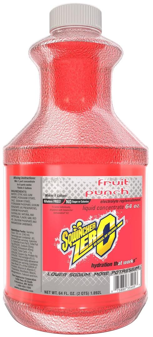 Sqwincher Zero Liquid Concentrate, Fruit Punch, 64 fl oz (Case of 6) (EXP 09/29/26)