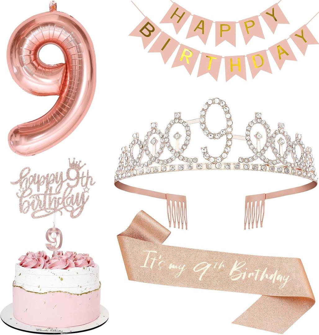 9th Birthday Decorations for Girls, Including 9th Tiara and Sash, Happy Birthday Banner, Cake Toppers, Number Candles and Balloons Set, Rose Gold