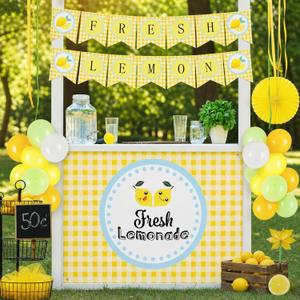3 x RoundFunny 43 Pcs Lemonade Stand Supplies 45" x 31" Tablecloth, 2 Fresh Lemon Garland, 40 Balloons for Fresh Squeezed Lemonade Stand Decorations Kit Summer Picnic Lemon Birthday Party(Yellow,Check), 45 x 32 inches