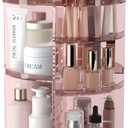Rotating Makeup Organizer, DIY 8 Adjustable Layers 360 Spinning Skincare Organizers, Makeup Storage Carousel Tower with Brush Holder & Perfume Trays, Cosmetic Display Case for Vanity Bathroom (Clear Pink)