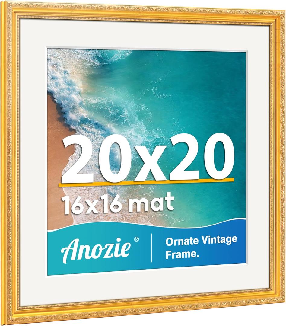 Vintage 20x20 Frame, Antique Gold Photo Frames with Plexiglass Front,Ornate Square 20x20 Picture Frame Display 16x16 with Mat or 20 x 20 Frame Without, Wall Décor,1 Pack,Gold
