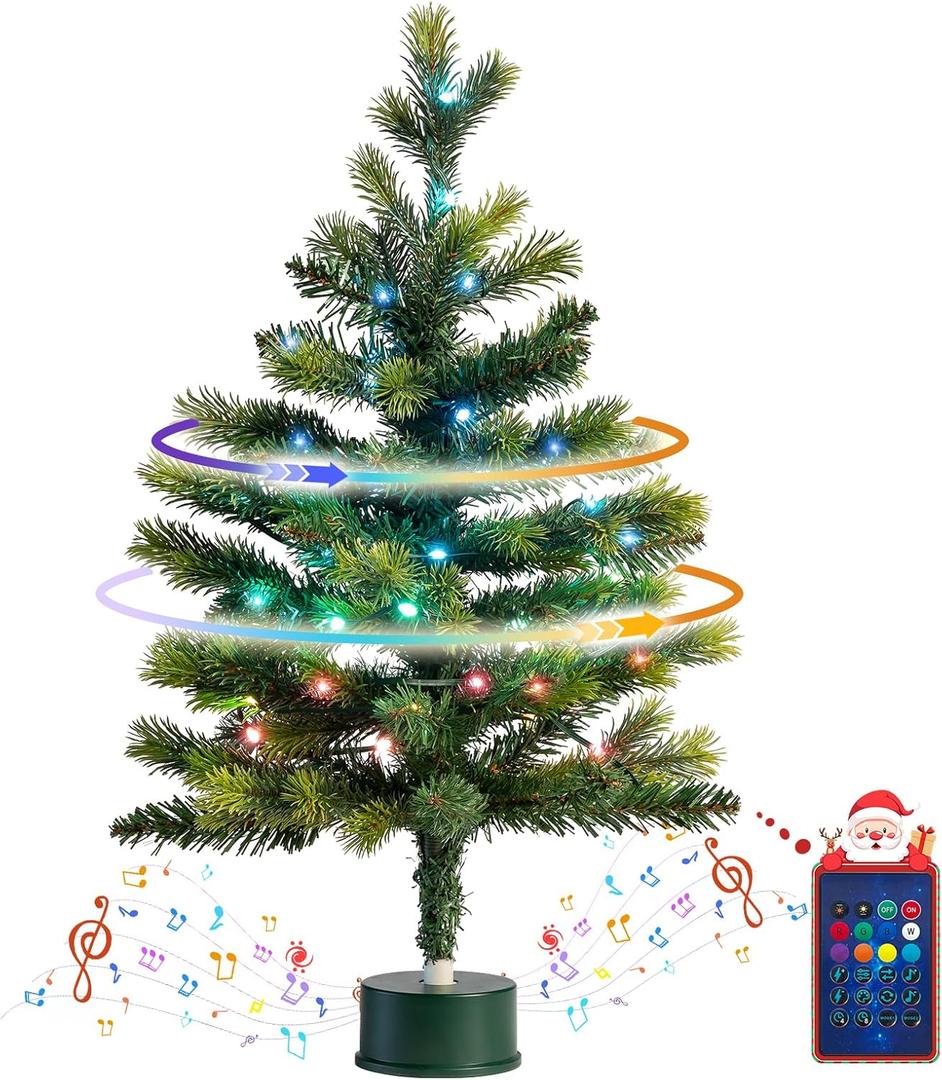 2FT Musical Rotating Prelit Small Christmas Tree, Artificial Tabletop Christmas Tree with 50 LED Lights, CE Certified, Battery or USB Cable Operated, Timer, Xmas Tree for Holiday Decoration, Green