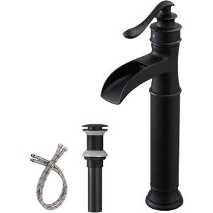 BWE Vessel Sink Faucet Waterfall Matte Black with Pop Up Drain Without Overflow and Supply Lines, Black Sink Faucet Bathroom One Handle Faucets Vanity Bath Mixer Tap