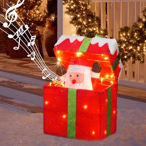PEIDUO Animated Christmas Santa in Lighted Gift Box, Motion Sensor Christmas Music Decorative Lights, Under The Christmas Tree Present Decorations for Indoor Outdoor Yard Home Holiday Decor