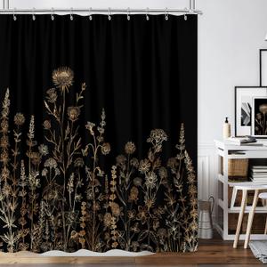Vintage Black and Gold Boho Shower Curtain, Black and Tan Cream Floral Aesthetic Dark Wildflower Botanical Flowers Shower Curtain for Bathroom with Hook, Farmhouse Plant Art Chic Shower Curtain 60X72