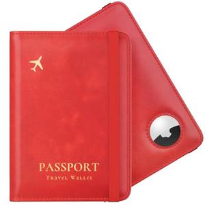Stouchi AirTag Passport Holder, Simple Passport Holder with Airtag Slot, RFID Passport Wallet Cover for Women, Family Leather Passport Protector Case, Anti-Lost Travel Accessories, Red