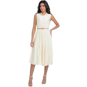 AbleTree Women's Satin Midi Dress Sleeveless Elegant Shirt Collar Pleated A Line Dress with Belt for Office Work Business Casual Wedding Guest Party Beige XL