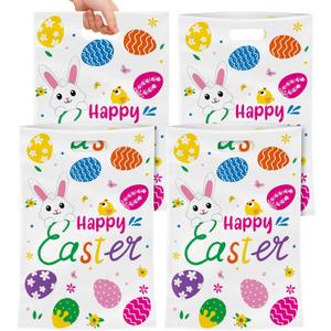 5 x 40 Pack Happy Easter Treat Bags, Colorful Easter Gift Bags with Handles, Plastic Easters Eggs Bunny Goodie Candy Tote Favor Bag for Easters Egg Hunt Party Supplies and Gifts Wrapping, 6.5 X 10 inch