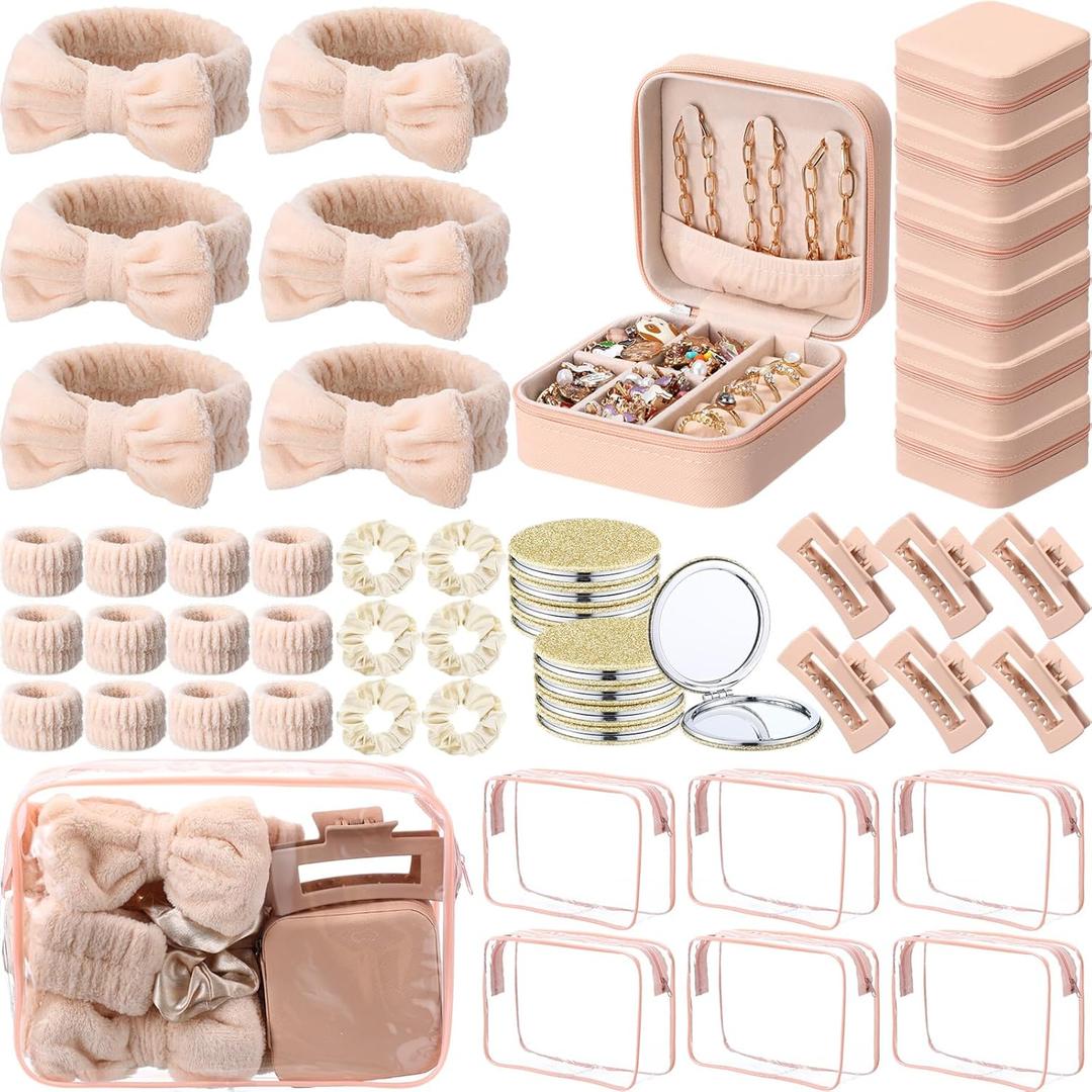 Suncalla 48 Pcs Spa Party Favors Bridesmaid Proposal Gifts Sleepover Party Supplies Bow Headband Scrunchies Jewelry Case Makeup Bag Mirror for Women Graduation Birthday Return Gifts (Beige)
