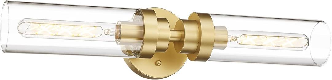 Emak Modern 22 Inch Gold Bathroom Light Fixtures Over Mirror, Cylinder Bathroom Vanity Lights for Mirror, 2-Light Wall Sconces with Clear Glass for Bathroom, Bedroom, Hallway, VL085-GD-2