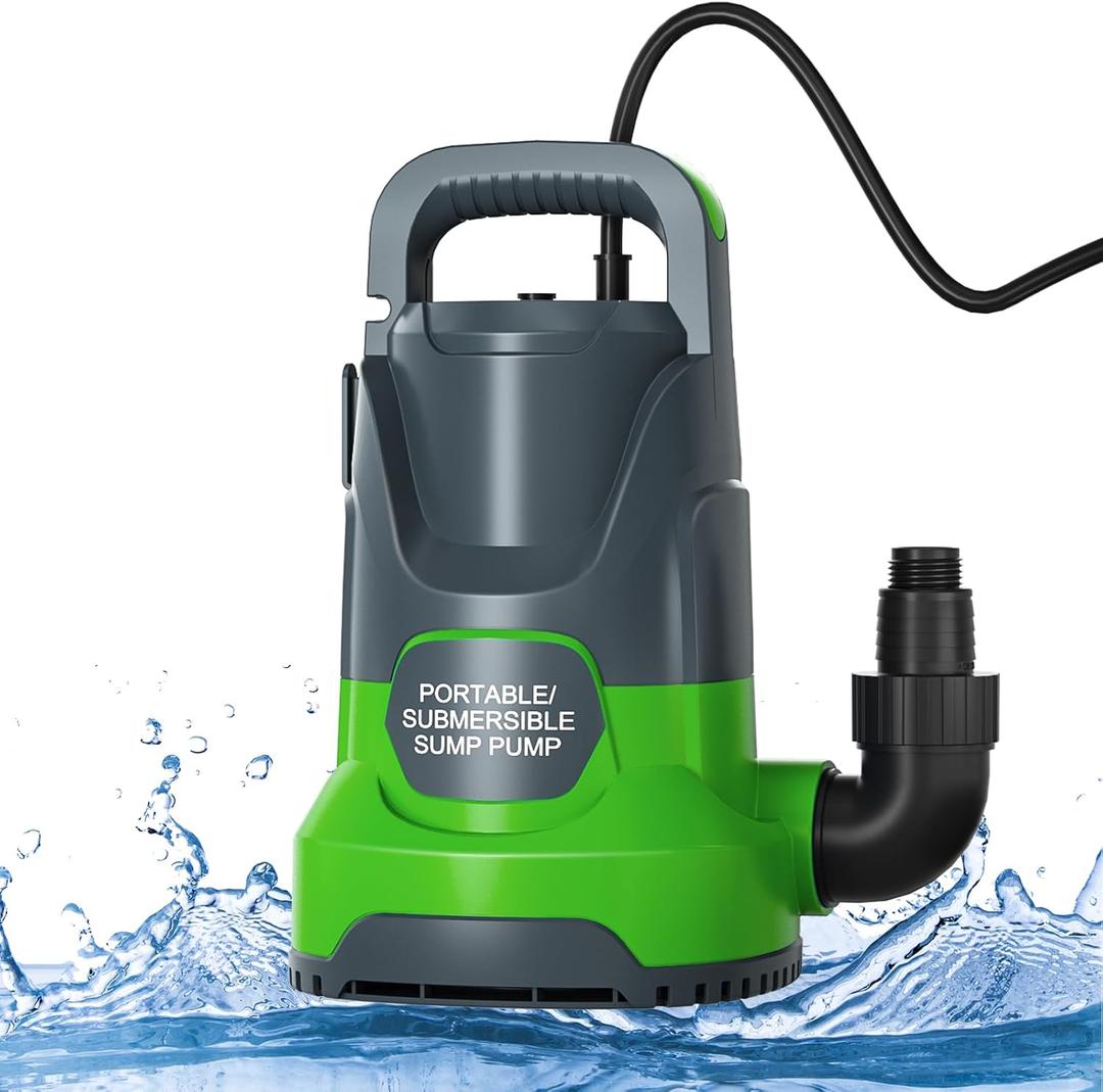 Sump Pump 1HP Submersible Water Pump 3700GPH Electric Portable Transfer Water Pump for Pool Draining Basement, Green
