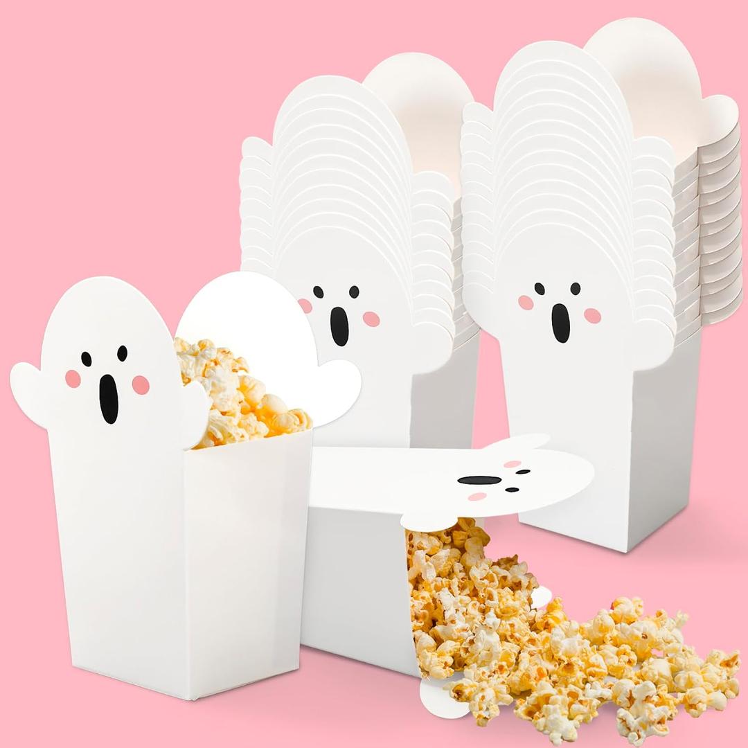 Whaline 24Pcs Halloween Popcorn Box Cute Ghost Popcorn Bucket Paper Candy Box for Movie Night Party Favors Supplies