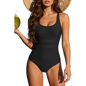 Zando Tummy Control Swim Suits for Women 2026 - Slimming One Piece Swimsuit Modest Bathing Suit Scoop Neck Swimwear (Black, L)