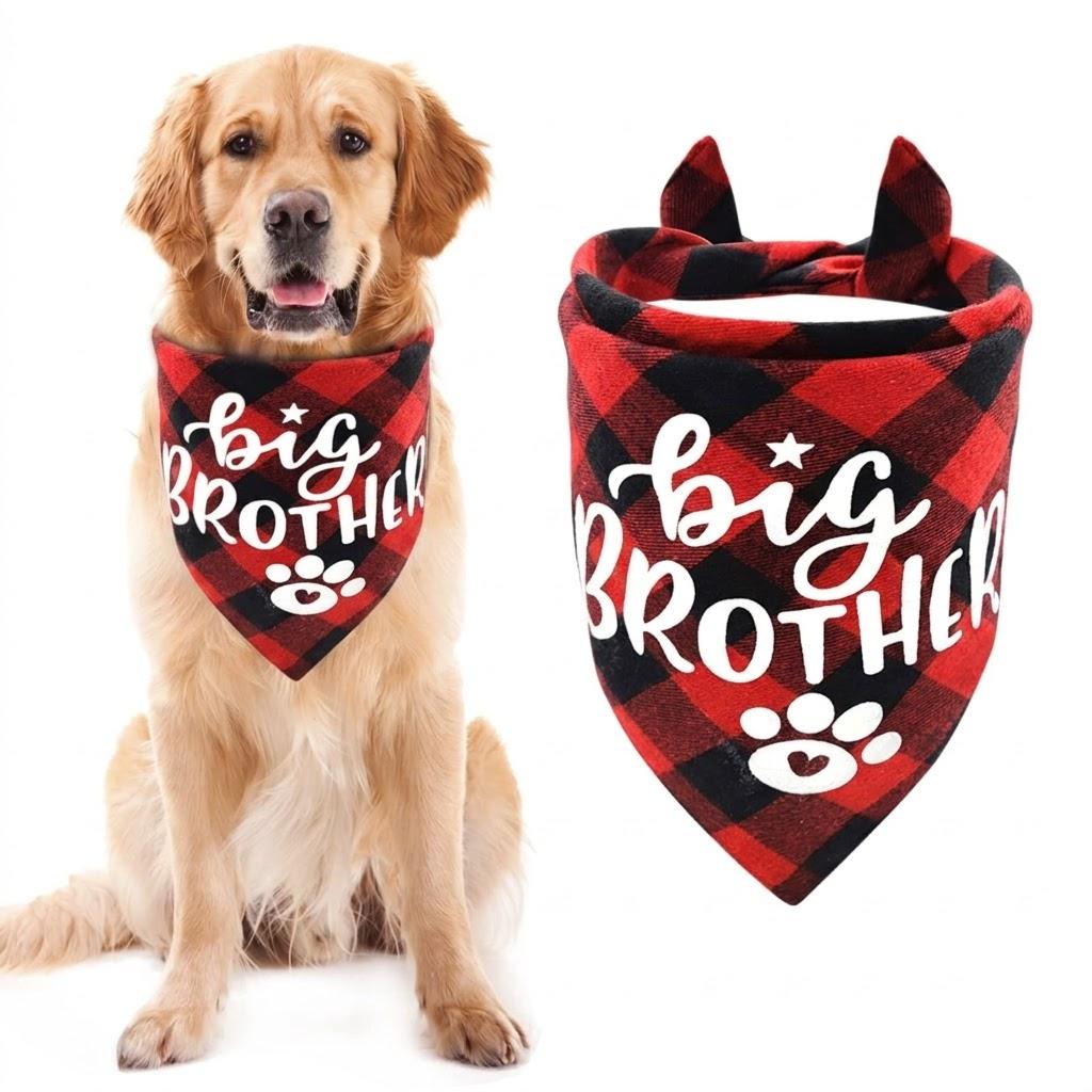 Dog Bandana, Little Brother Dog Bandana, Dogs Muffler Classical White Printing, Doggy Muffler Pet Scarf, Pet Baby Announcement Plaid Scarf Gender Reveal Accessories 2 Pack