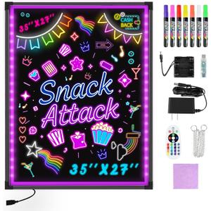 Hosim LED Message Writing Board 35"x27" Illuminated Erasable Neon Effect Restaurant Menu Sign with 8 Colors Markers, 7 Colors Flashing Mode DIY Message Chalkboard for Kitchen Wedding Promotions