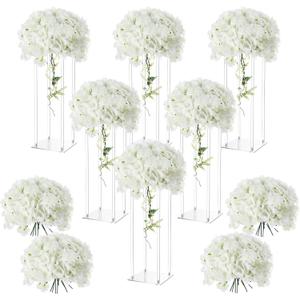 Geetery Tall Acrylic Wedding Flower Stand Centerpieces Clear Elegant Vase Column Stand with Artificial Hydrangea Flowers for Wedding Party Table Home Decorations(6 Pcs,16 Inch)
