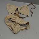 OYOANGLE Women's Ring Linked Cut Out One Piece Swimsuits Textured Tie Backless Halter Bathing Suit Monokini (Medium, Khaki)